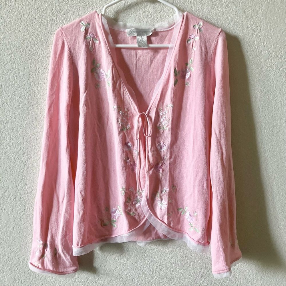 Vintage Pink Embroidered Floral Y2K Lace Dainty Coquette Pastel Cute Cardigan S
